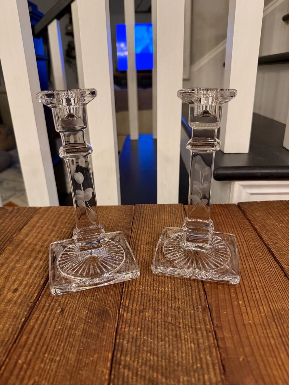 Pair of Vintage Clear Glass Etched Floral Candlesticks